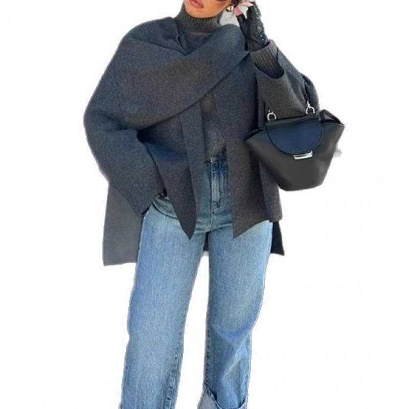 Womens Gray Asymmetric Scarf Collar Short Wool Blend Coat Loose Elegant Winter Outerwear