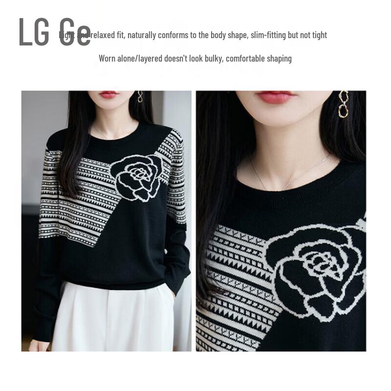 Women's Wool-Blend Jacquard Crew Neck Loose Knit Sweater