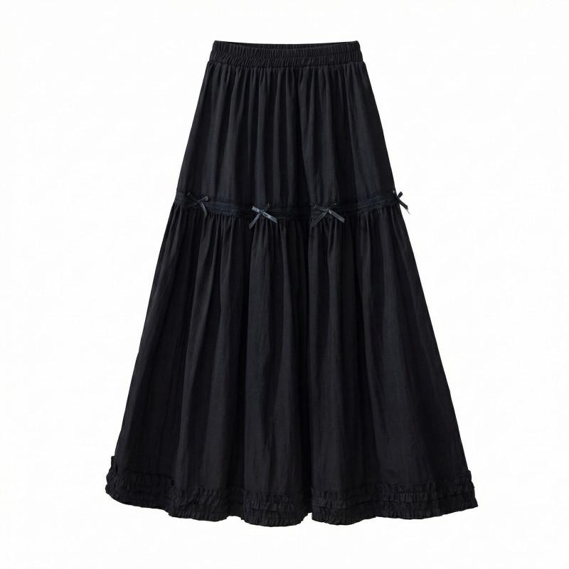 Qooth White Tiered Ruffle Skirt Bow Detail A-Line Midi Slimming QT2865