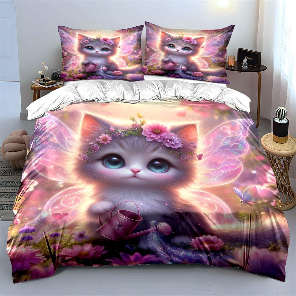 Fairy Cat With Flowers, Dreamy Scene Printed Duvet Cover Set1 Duvet Cover+2 Pillowcasemulti Size Bedroom Bedding Decor