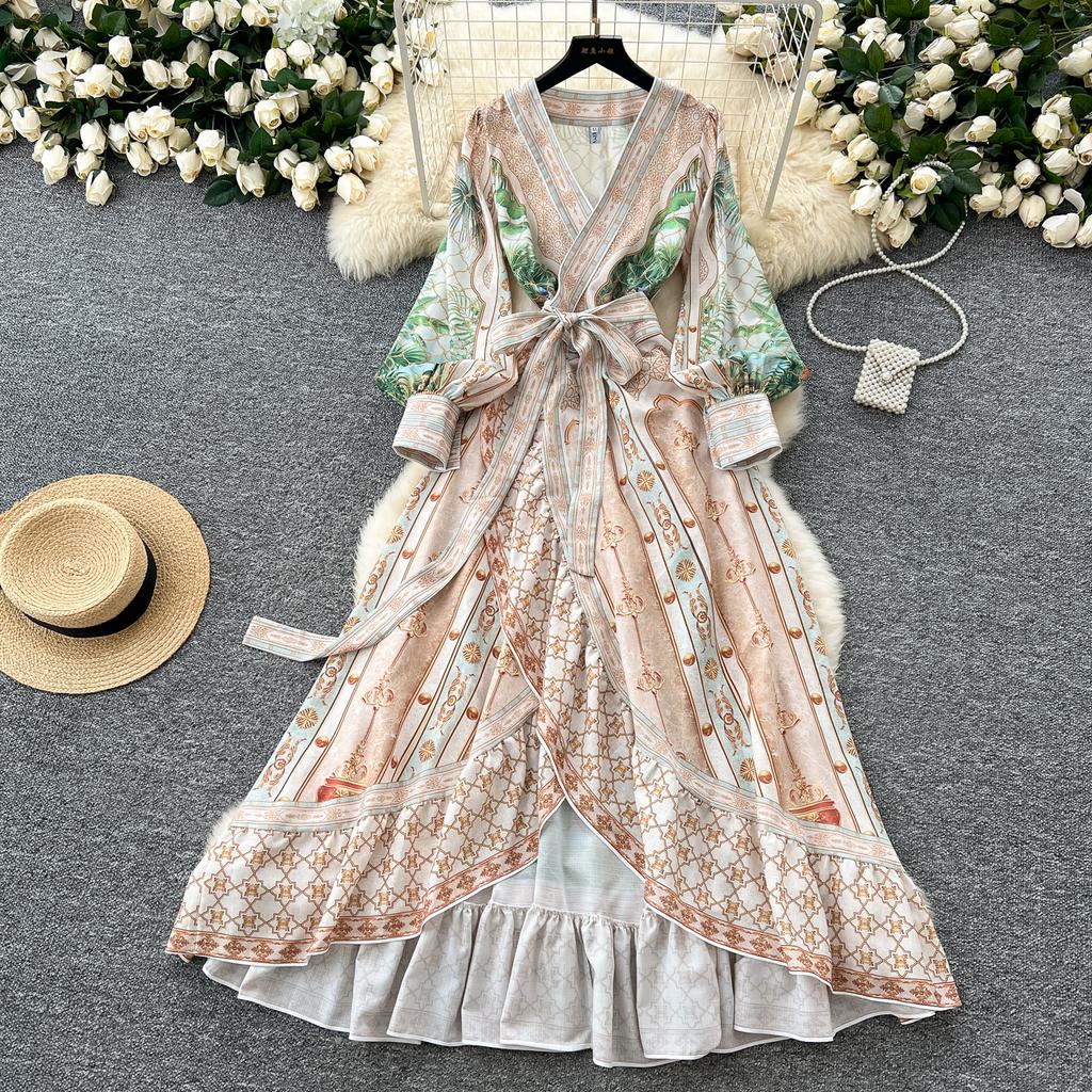 Spring Women Elegant V-neck Designer Print Runway Dress Long Maxi Lace-up Ruffles Holiday Party Dresses
