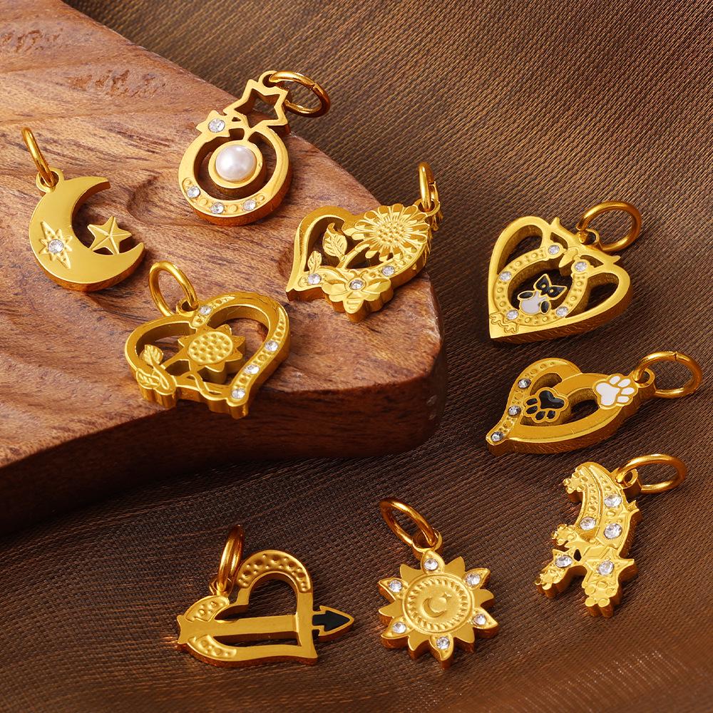 18K Gold-Plated Stainless Steel Moon Heart Diamond Pendant for DIY Jewelry