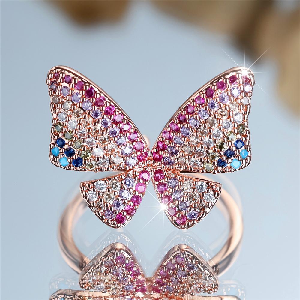 Charm Female Rainbow Butterfly Stone Adjustable Open Ring Gold Silver Color Cute Gift Wedding For Women