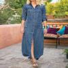 Damen Jeanshemdkleid Vintage Revers Langarm Lässig Knopfleiste Maxi Jeanskleider