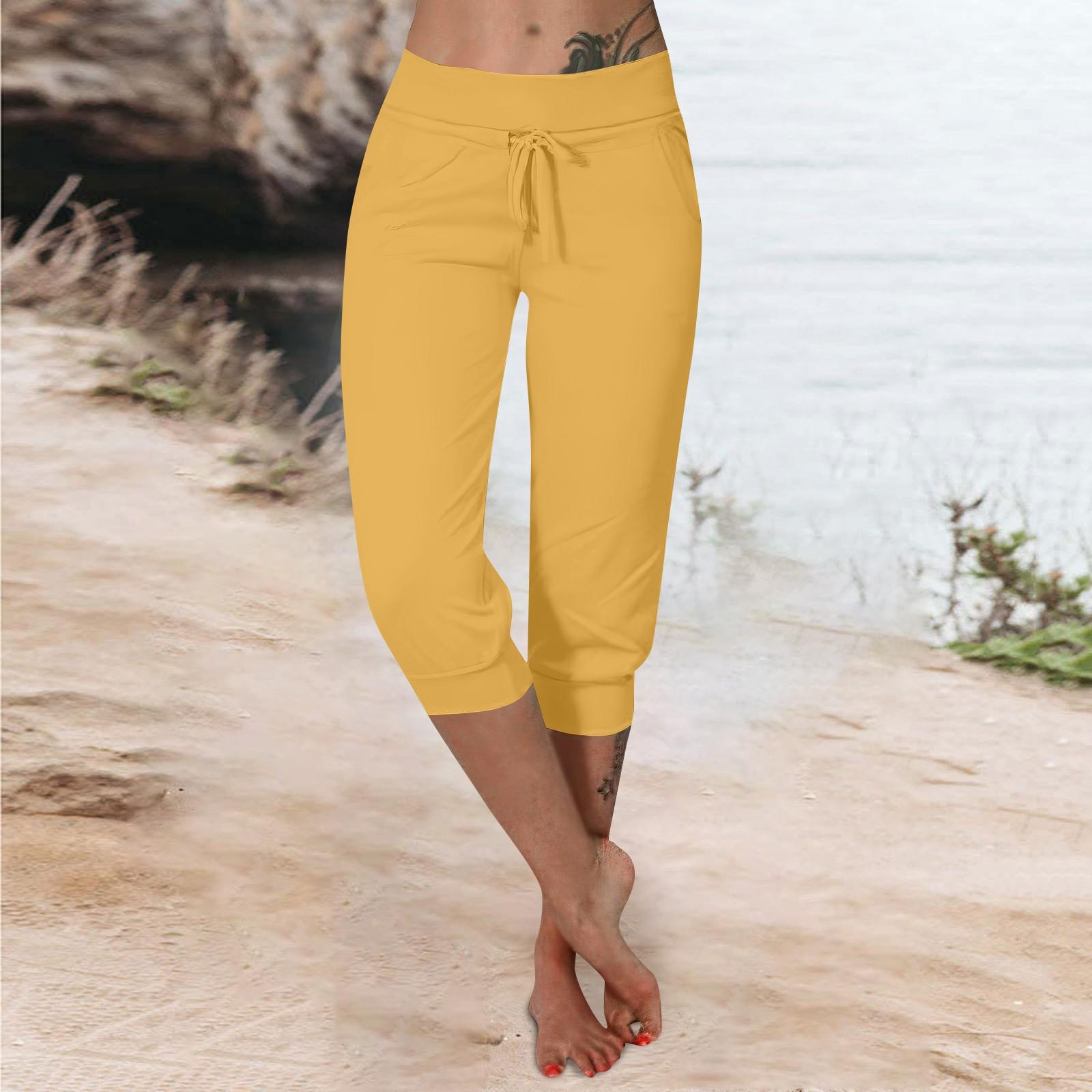 

Штани для жінок, укорочені шорти для жінок, нові літні повсякденні еластичні модні повсякденні штани L жовтий