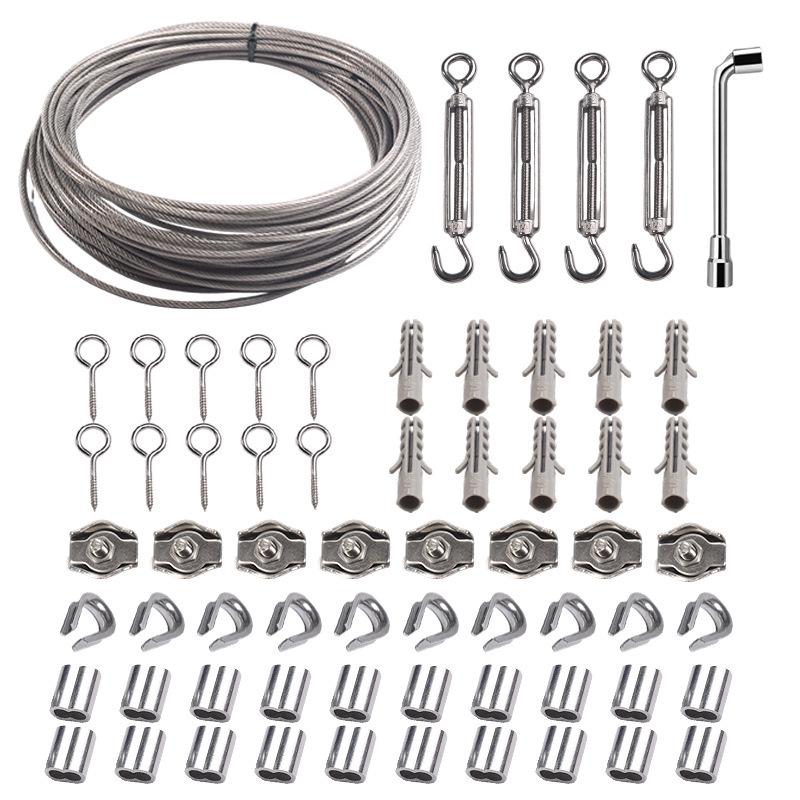 Stainless Steel Wire Rope Hanging Kit for Outdoor String Lights with Thimble Hooks and Tensioning Cable.