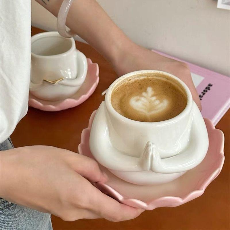 Creative Ceramic Coffee Cup Saucer Lotus Breakfast Plate White Ceramic Breakfast Milk Mug Exquisite Afternoon Tea Flower Cup New