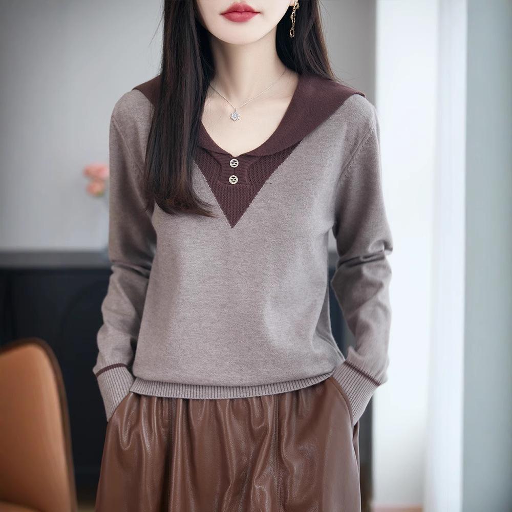 

Двухкомпонентный свитер с ложным воротником-стойкой, Женский модный вязаный свитер, Свободный топ, Универсальный вязаный свитер M кофейный