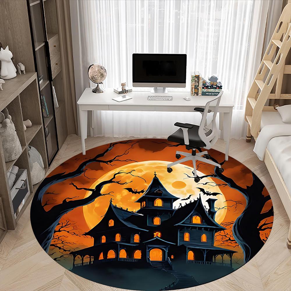 1pc Haunted House Moonlit Night Office Round Area Rug, Under Office Chairs Bedroom Living Room Home Decor, Room Deco, Available in Various Sizes