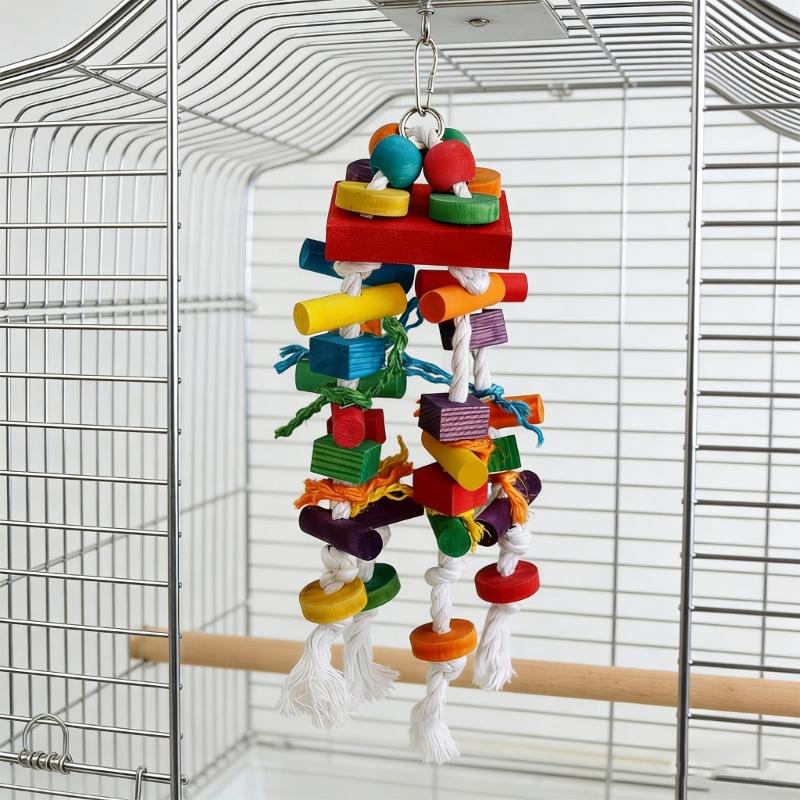 Colorful Parrots Chew Climbing Toy Safe Wood Soft Cotton Ropes Puzzle Block Tearing Toy For Bird Mental Stimulation