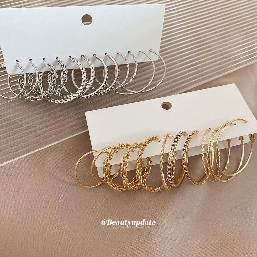 Twelve-Piece Silver Needle Diamond-Set Geometric Circular Hoop Earrings - Cool, Individual, Minimalist, High-End Niche Style