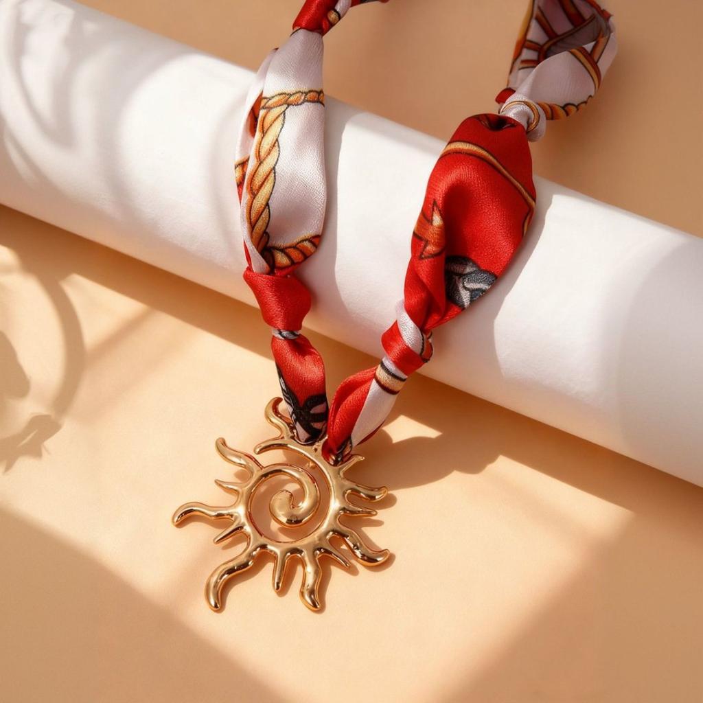 European and American Jewelry Gold Sun Pendant Contrasting Color Silk Scarf Necklace Light Luxury High Temperament Fashion Collarbone Chain Women