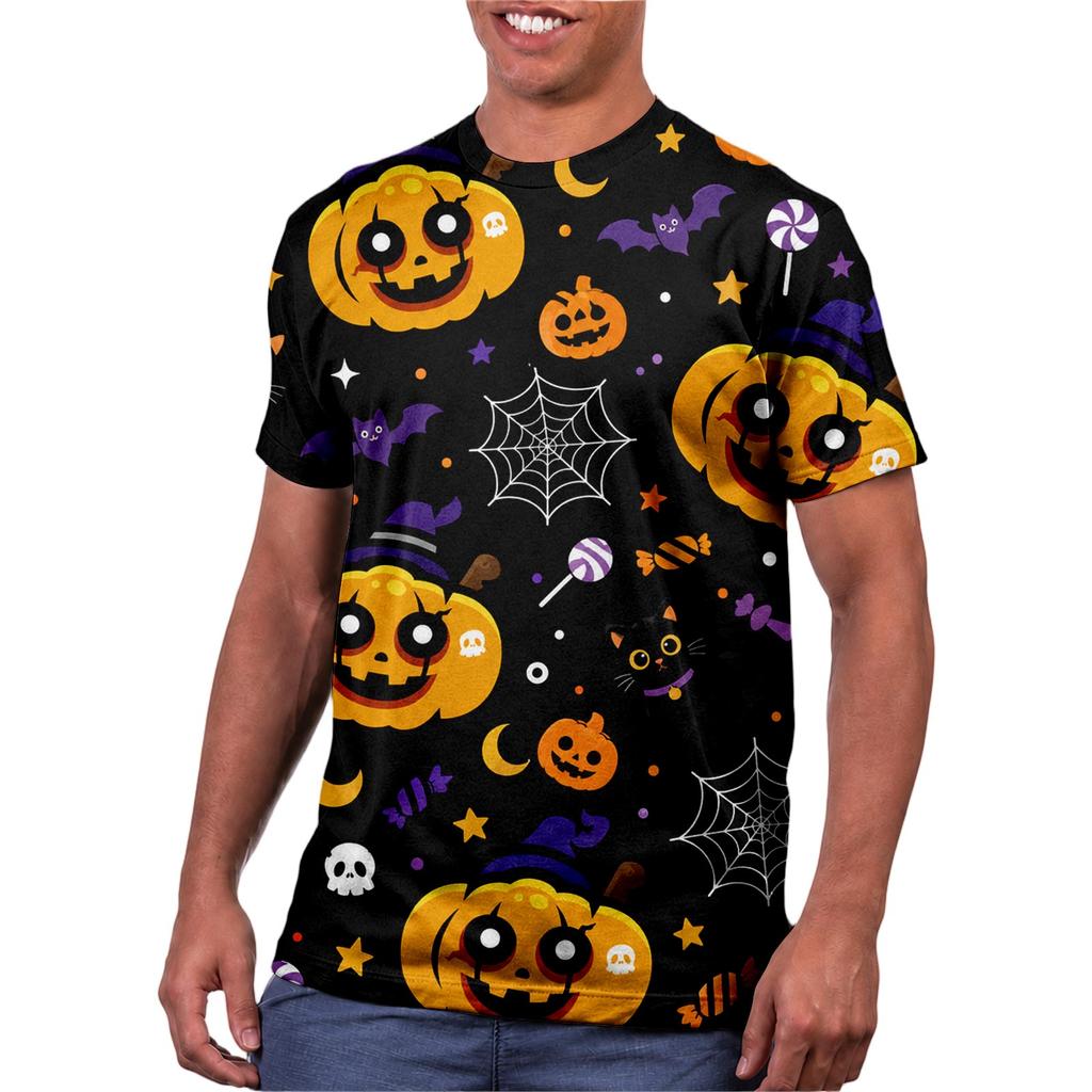 Halloween All Over Print T Shirt, Cute Pumpkin Graphic Tee for Women Men