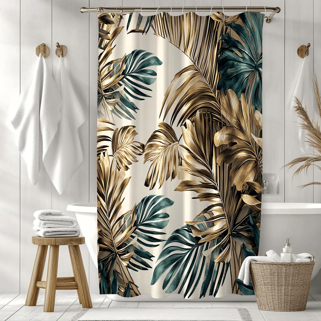 

One Piece Bohemian Style Luxury Green And Golden Leaf Pattern Digitally Printed Shower Curtain,Brocade Art Bathroom Decor W90XH180cm