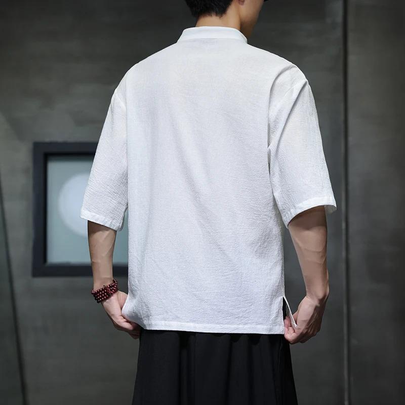 Men Linen Shirt Summer Light Thin Short Sleeved Streetwear Loose Oversize Casual Chinese Style Shirt Tang Suit Hanfu