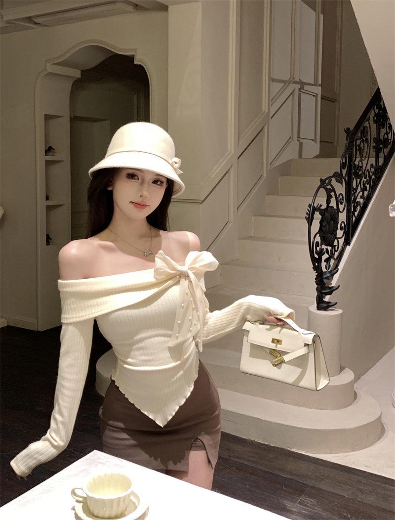 Spicy Girl Red One-Shoulder Tie-Up Bow T-Shirt - Chic Korean Style Irregular Pullover Small абрикосовый