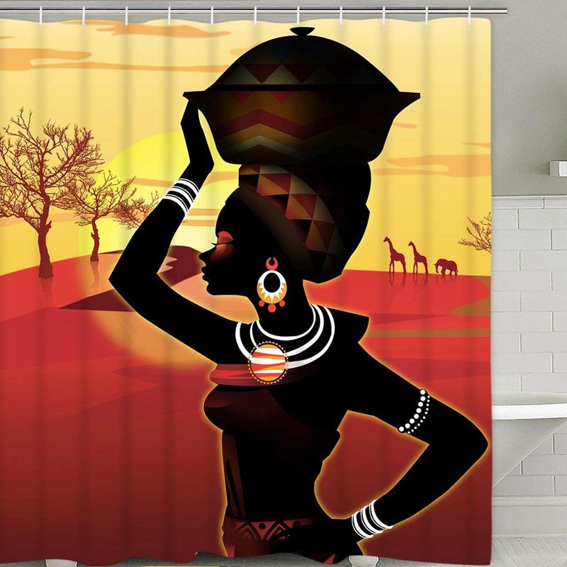 Fashion African Woman Shower Curtain Set With Rugs Afro Girl Egyptian Lady Fabric Shower Curtain Liner Non-Slip Carpet
