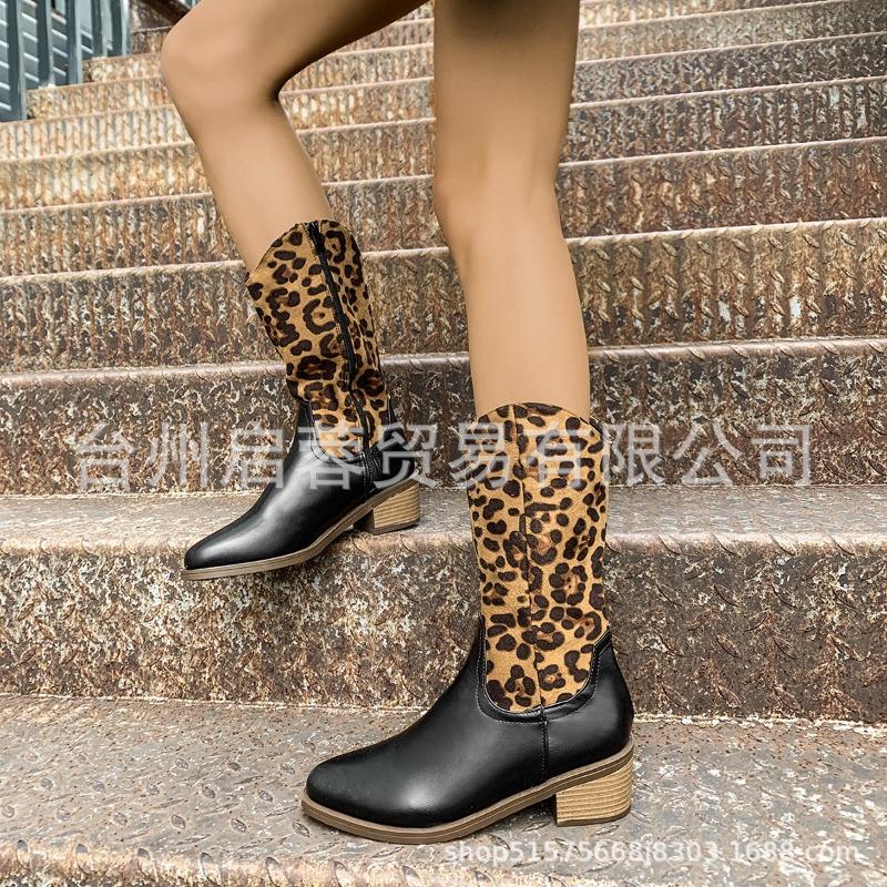 Large Size Boots Women's Autumn and Winter New Wind Leopard Print Low Heel Pointed Head Medium Tube Warm Boots