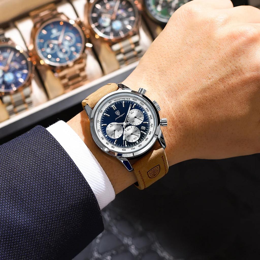 High Quality Sport Chronograph Men Quartz Watches Luxury Leather Wristwatch Waterproof Luminous Watch for Men