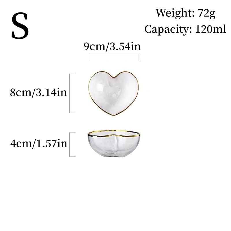 Creative Golden-Bordered Glass Salad Bowl, Ice Cream Dessert Plate, Fruit Plate, Heart-Shaped Bowl, Home Kitchen Tableware