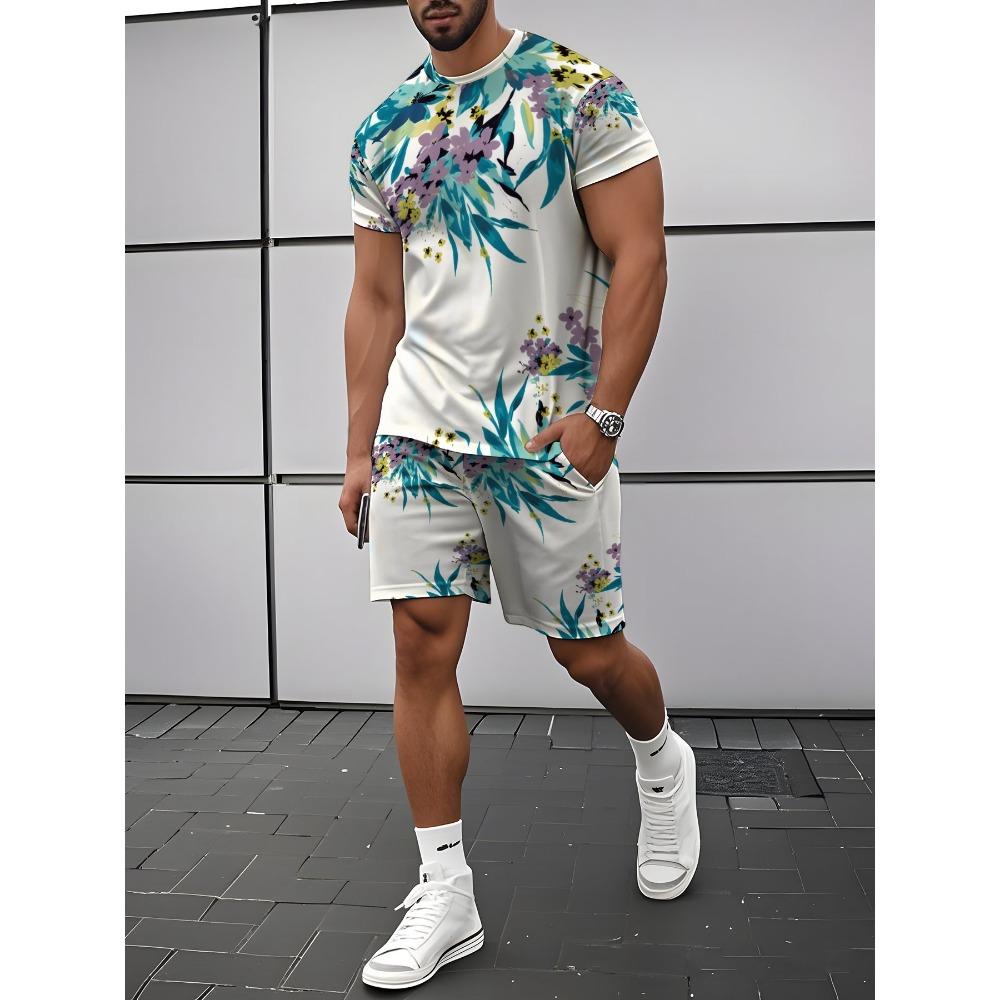 Men's 3D Digital Printing Casual Short-sleeve and Shorts Set, Ink Splatter