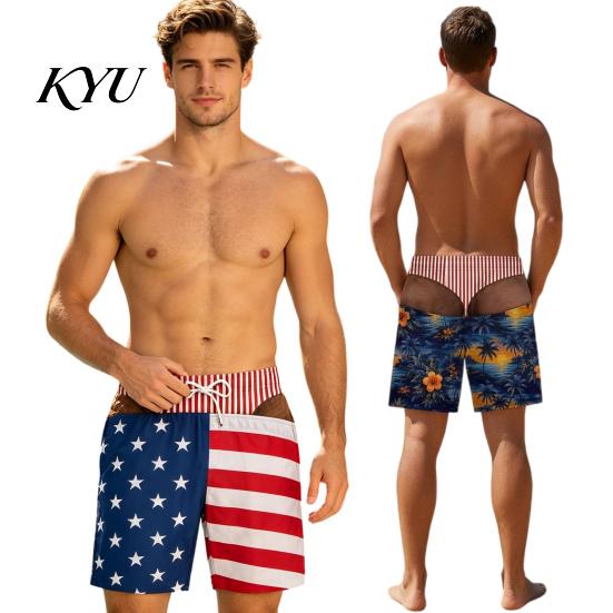 Mens Funny Beach Shorts Men Hairy Butt Shorts, Big Booty Leopard Novelty Illusion Printed Swimwear Print Briefs Design, USA Flag Swim Trunks
