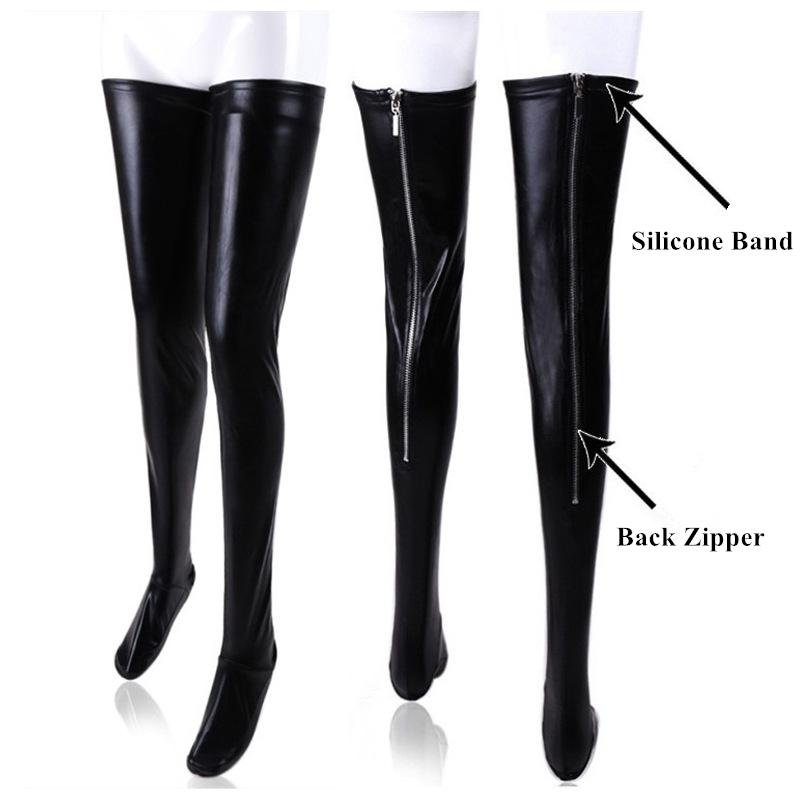 Punk Black Pu Leather Stockings Thigh High Non-Slip Stockings S-Xxl Plus Size Wet-Look Clubwear Ladies Night Club Long Socks
