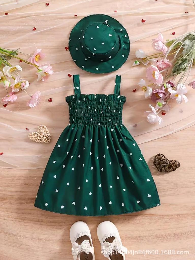 Toddler Girl Heart Smocked Dress and Hat Set Kids Beach Wear