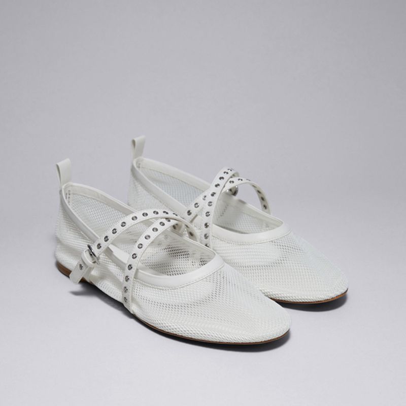 

Leather mesh mesh flat-bottomed ballet shoes women s spring and summer new breathable mesh round head Mary Jane women s shoes single shoes 40 білий