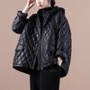 Patchwork Hooded Winter Women Jacket Long Sleeve Loose Female Coat Solid Plaid Warm Outwear Ladies