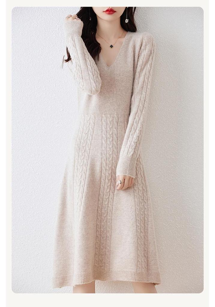 Women's Mid-Length V-Neck Wool Dress - Autumn/Winter Cashmere Over-the-Knee Sweater with Slimming Base Layer