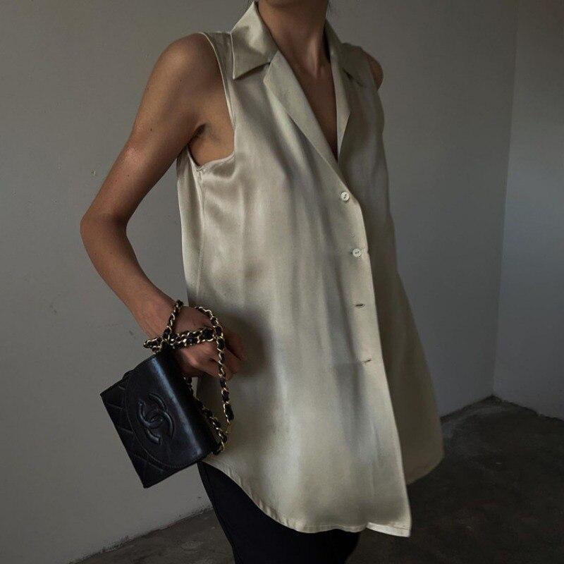 2023 Summer Elegant Sleeveless Satin Women Shirt Tops Polo Neck Single Breasted Silk Blouse Fashion Casual Office Lady Top 28160
