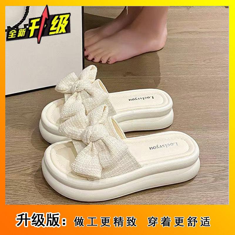 Bow Internet celebrity wearing versatile platform slippers 2025 new fairy style muffin non-slip beach sandals