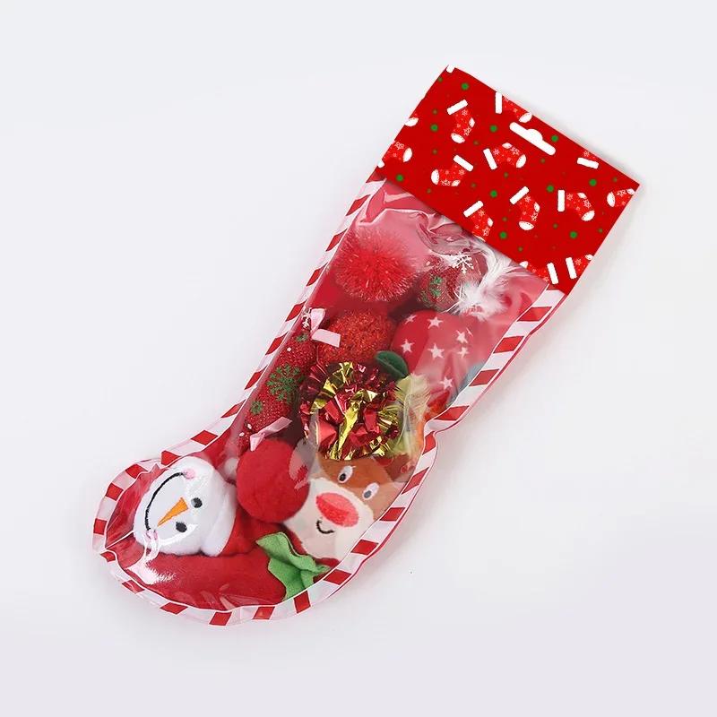 Cat Toy Christmas Stocking Shape Set Plush Gift for Pets with Knotted Rope Toy Cat Toy Interactive Stick Feather Wand Toys Gift