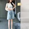 Large High Waisted Denim Shorts for Women Five Quarter Length Shorts Summer Thin Style Straight Tube Loose Fit Ripped Hole Embroidered Middle Pants