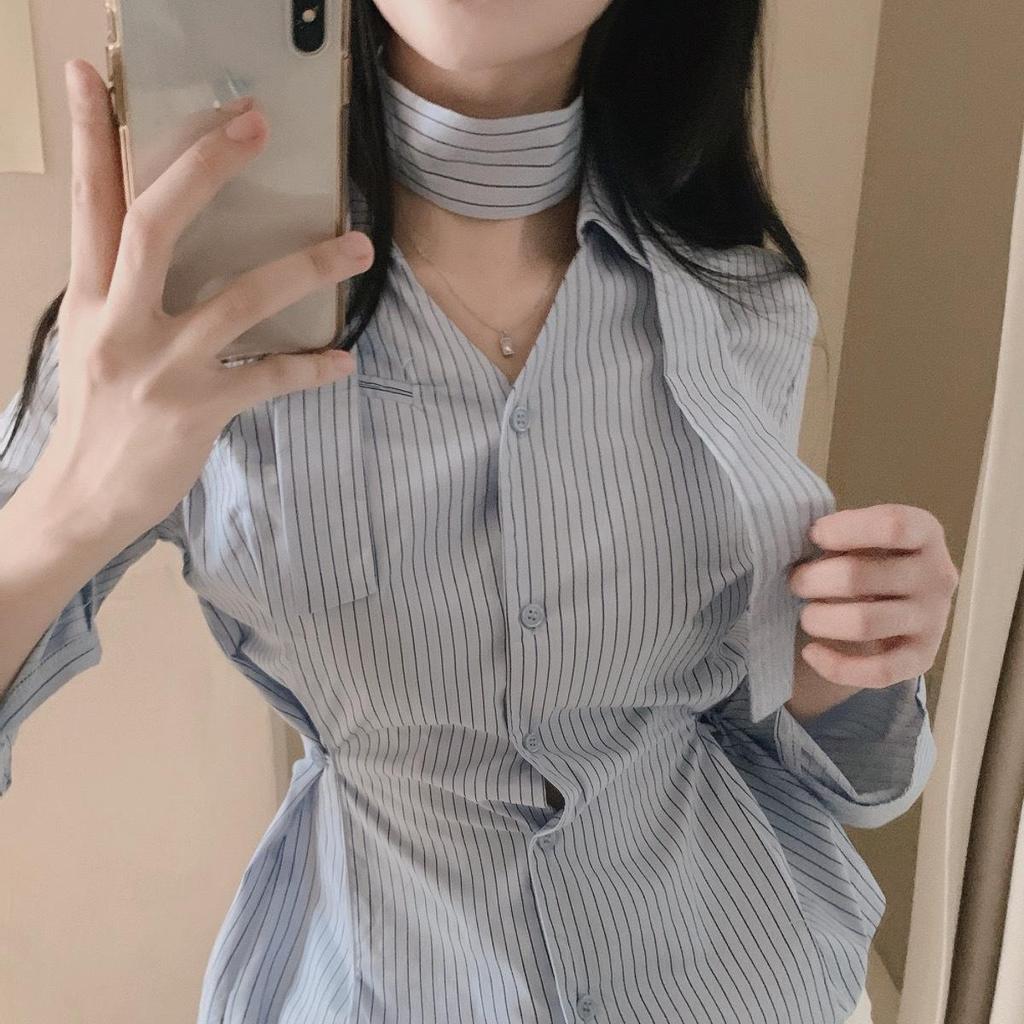 2026 Spring/Autumn Korean Chic V-Neck Ribbon Waist-Cinching Versatile Striped Women's Top