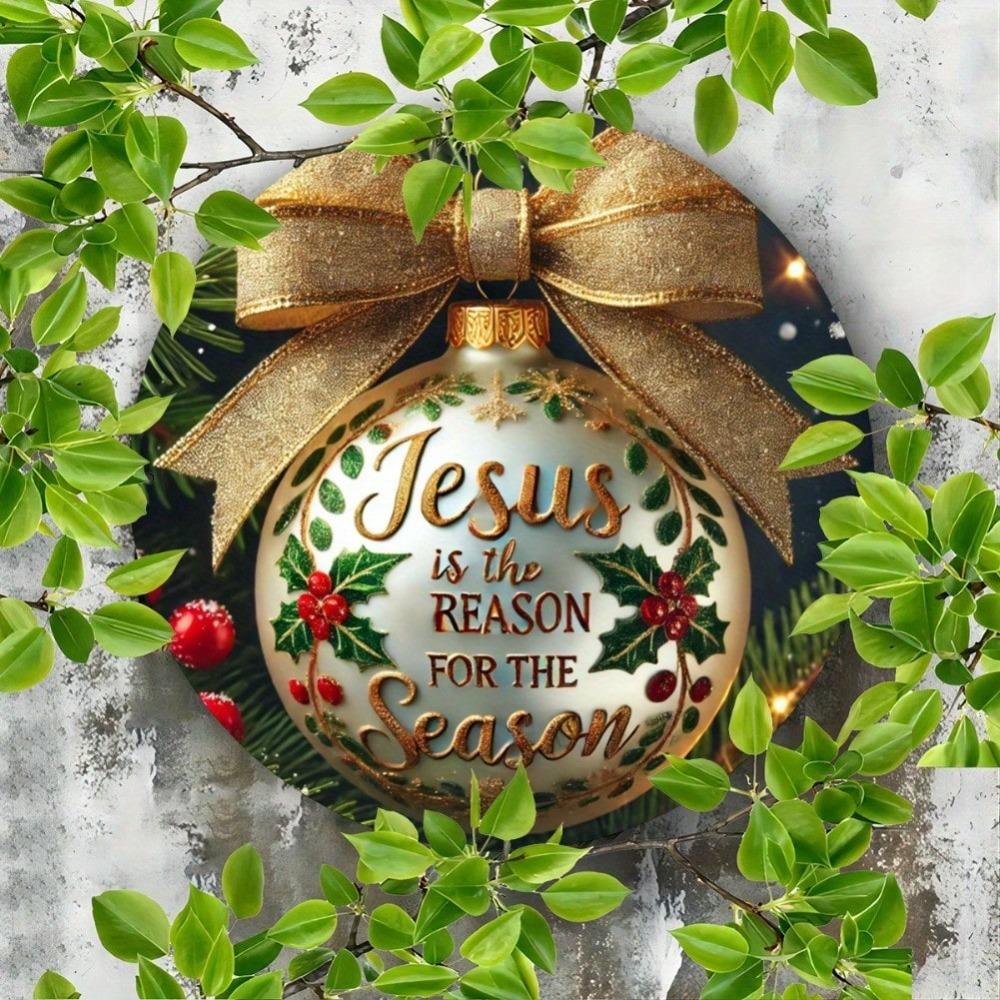 Christmas Metal Tin Sign Jesus Is The Reason For The Season Round Wall Art Holiday Decor With Wreath 8x8 Inch Gift