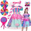 Girls Purim Festival Lollipop Costume Chidrens Puff Sleeve Candy Costume Kids Sweet Lollipop Print Birthday Party Dresses