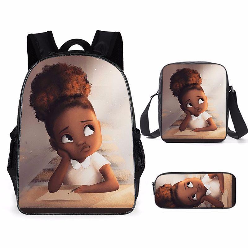 Cartoon African Girl Schoolbag, Primary And Secondary School Backpack, Backpack Three-Piece Set