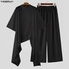 INCERUN Mens Vintage Ethnic Sets Solid Color Stand Collar Long Sleeve Irregular Tunic Top and Loose Pants Outfits