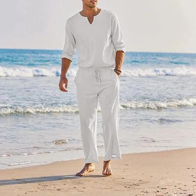 Lässiges Zweiteiler-Set aus Baumwolle und Leinen für Herren, modisch, lockerer V-Ausschnitt, langärmelige Oberteile und Hosenanzüge für Herren im Strandstil, Sommer