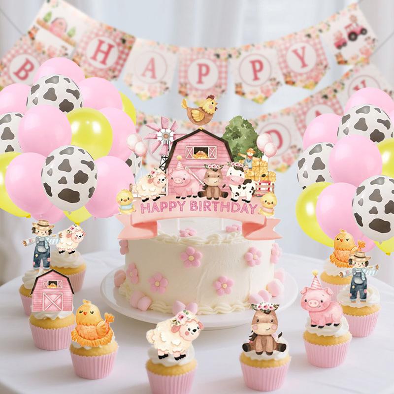 Pink Farm Ranch Animal Birthday Party Cow Banner Balloon Cake Insert Decorative Set