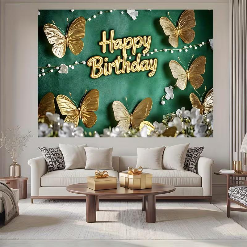 2D Green Gold Butterfly Happy Birthday Backdrop Party Background Banner
