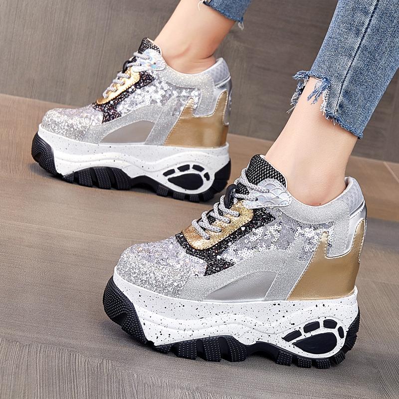 Fashion 12.5cm New Synthetic Women High Brand Designer Shoes Ladies Vulcanize Autumn Spring Mixed Color Bling Breathable Sneakers