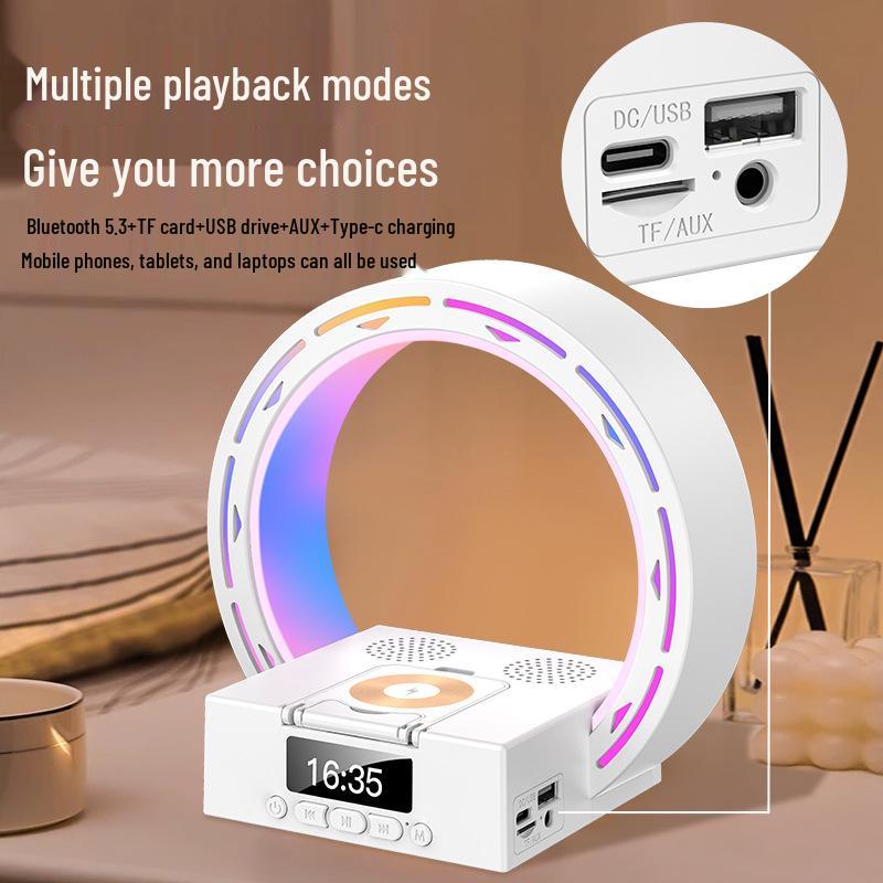 L-35 Bluetooth Speaker with Wireless Charger, Night Light, Clock, and Phone Stand