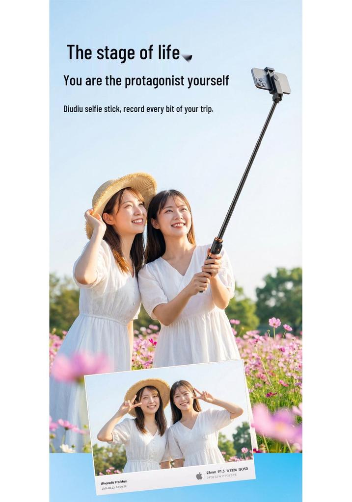 Portable Selfie Stick with Floor Tripod & Remote Control for Mobile Photography & Live Broadcast