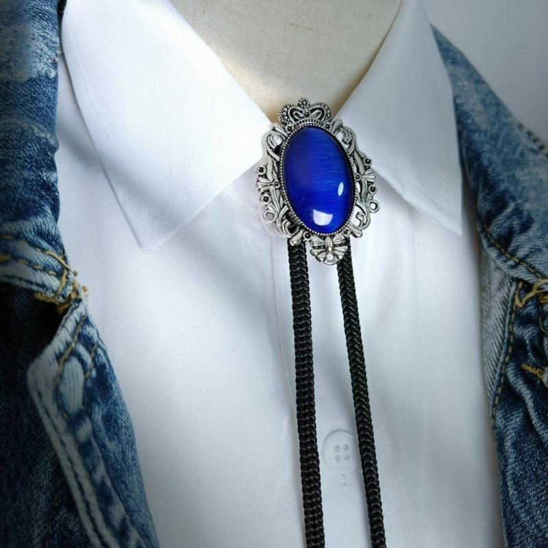 Men Women Handmade Vintage Bolo Tie Western Cowboy Braided Rope Necktie with Antique Stone Feathered Pendant Necklace