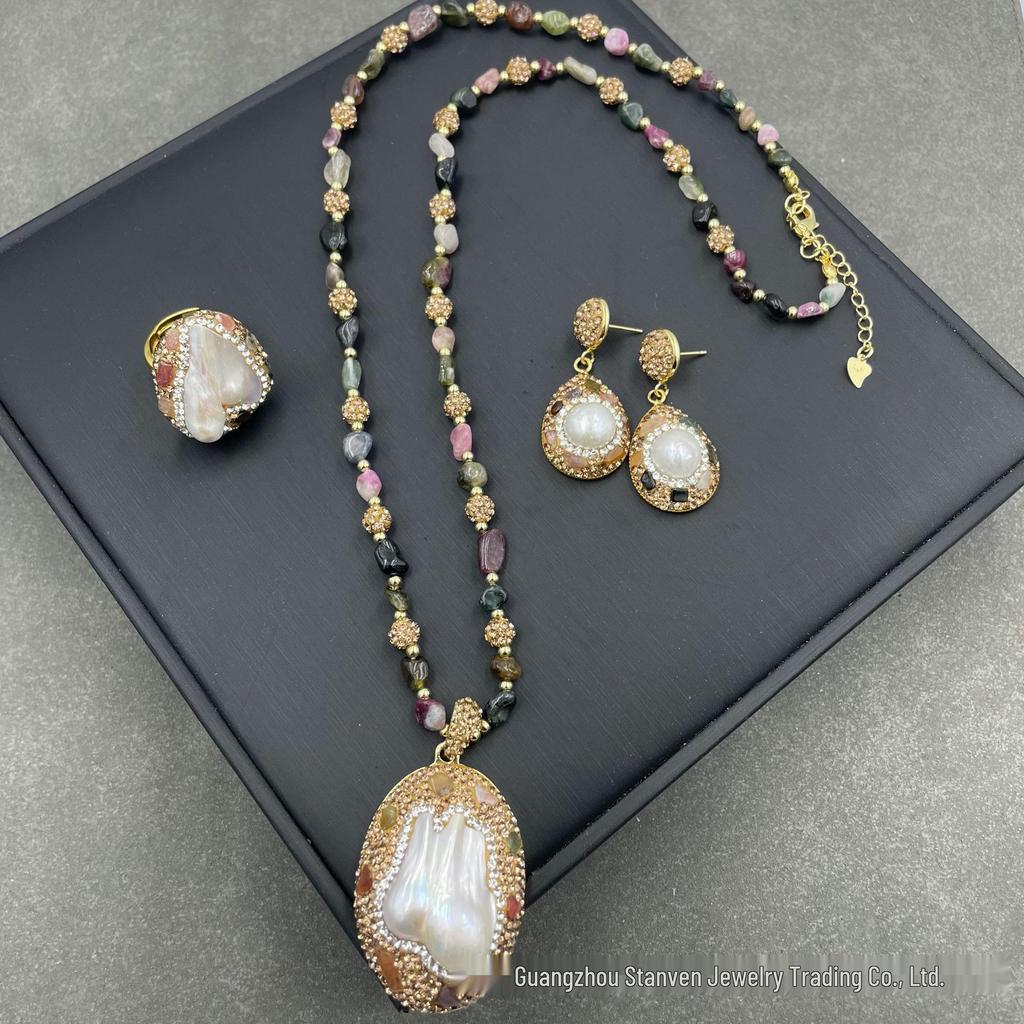Baroque Pearl Tourmaline Freshwater Necklace Set with Irregular Pearls - High-end Three-piece Sweater Chain