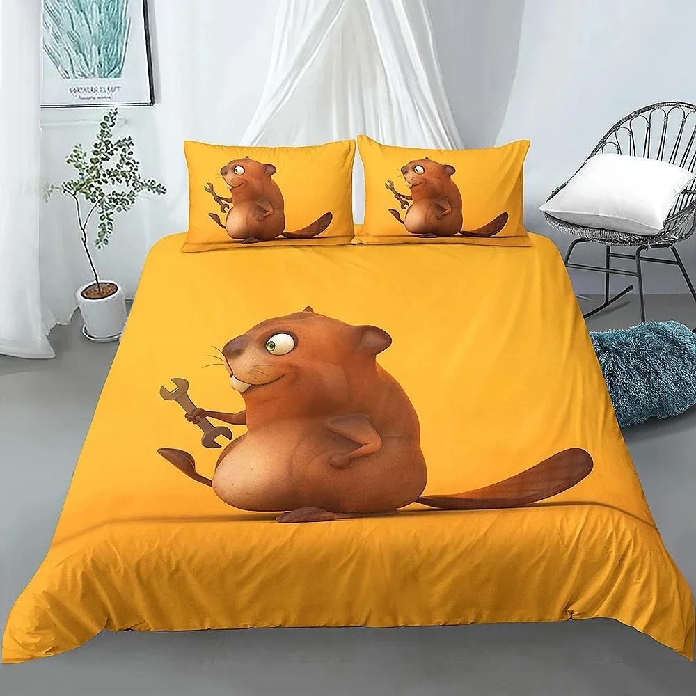 Cartoon Beaver Povlak na přikrývku King Queen Legrační krásné zvířecí souprava povlečení Dětská Dívčí Divoká příroda Polyester Povlak na polštář