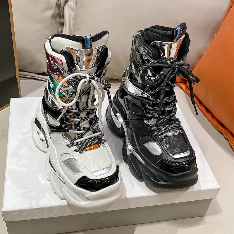 Fashion Women Warm Plush Ankle Boots 2025 New Winter High Top Chunky Leather Sneakers 8CM Heels Lace-up Motorcycle Platform Snow Botas